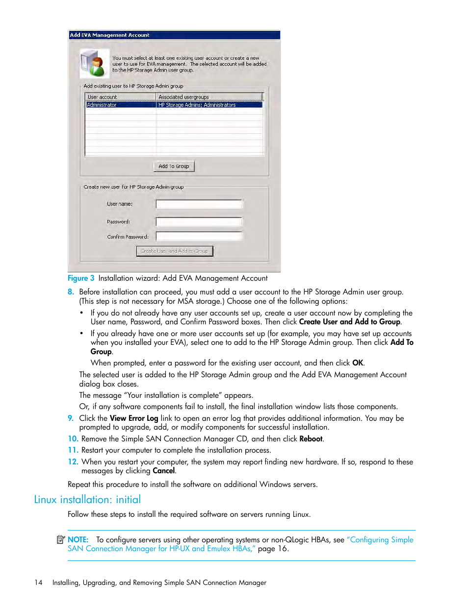 Linux installation: initial, 3 installation wizard: add eva management account | HP 8.20q Fibre Channel Switch User Manual | Page 14 / 150