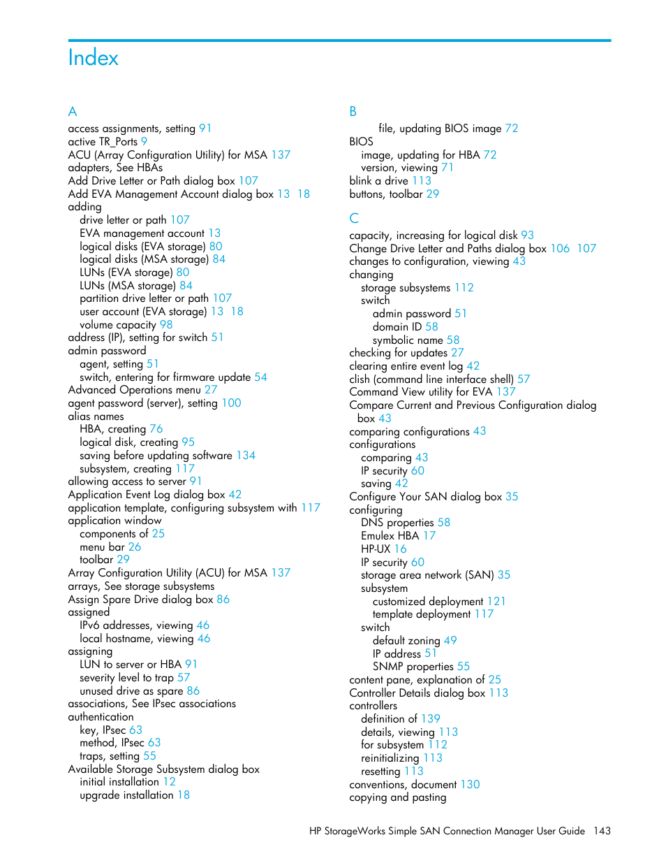 Index | HP 8.20q Fibre Channel Switch User Manual | Page 143 / 150
