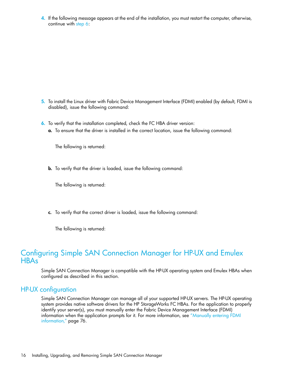 Hp-ux configuration, Configuring simple, San connection manager for hp-ux and emulex hbas | HP 8.20q Fibre Channel Switch User Manual | Page 16 / 150