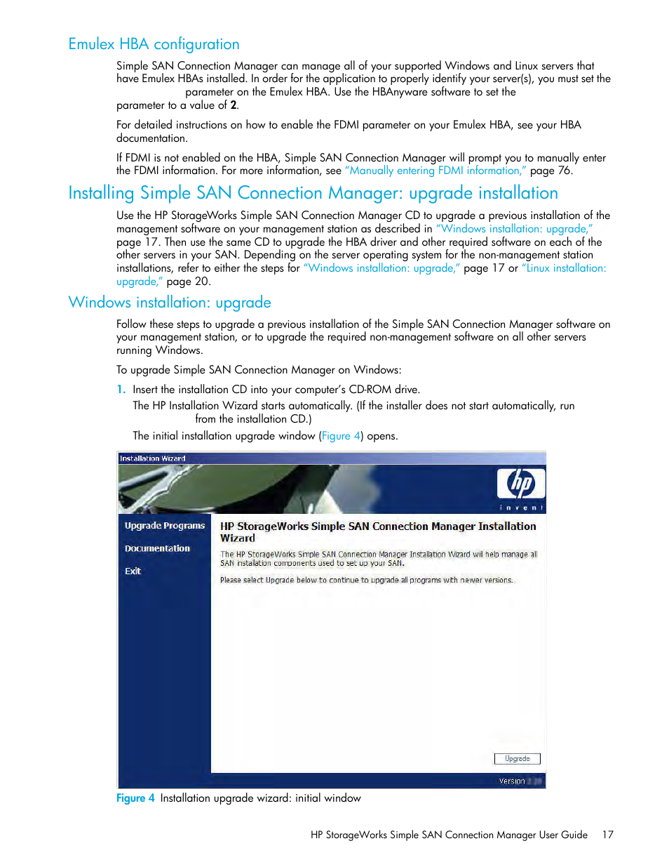 Emulex hba configuration, Windows installation: upgrade, 4 installation upgrade wizard: initial window | HP 8.20q Fibre Channel Switch User Manual | Page 17 / 150