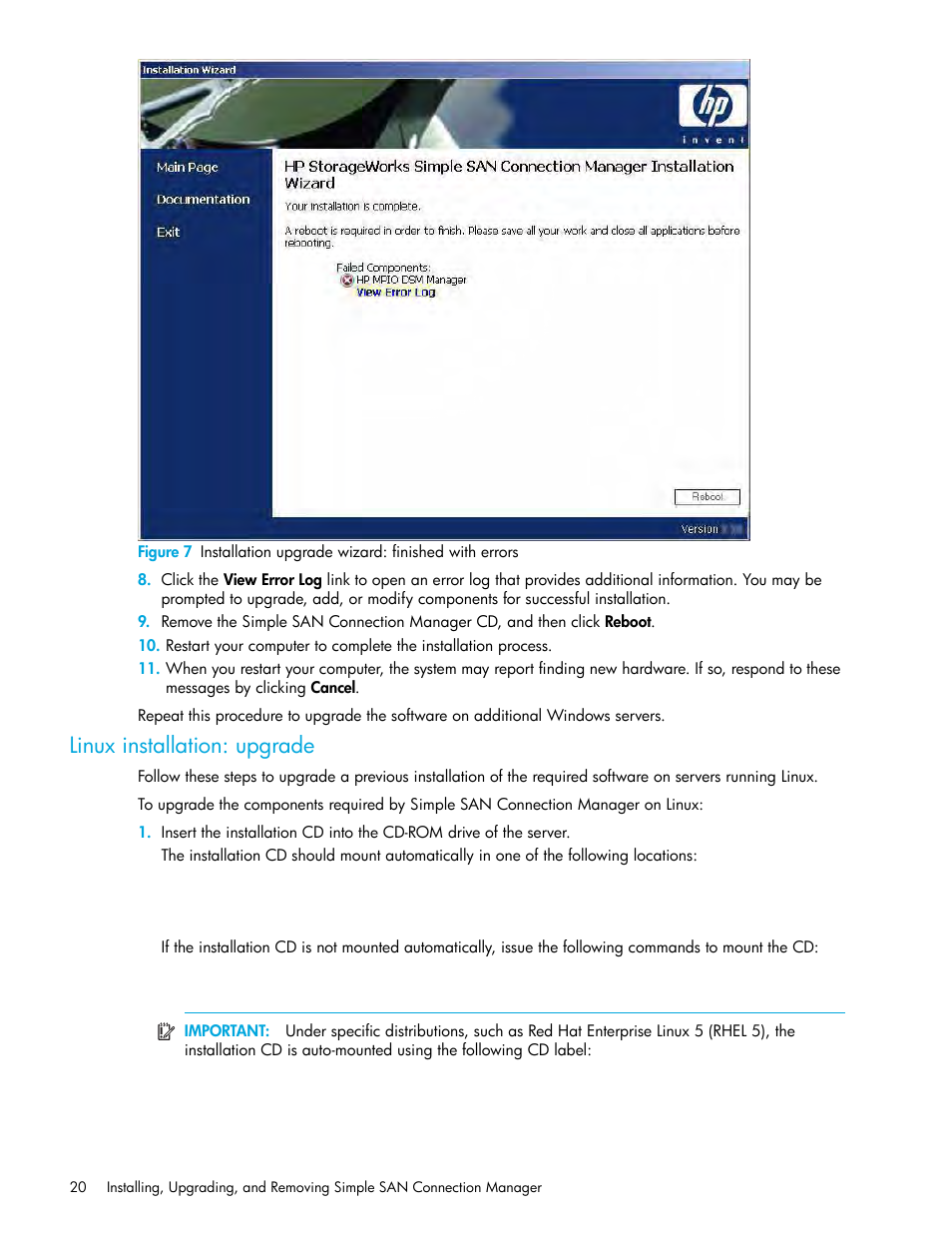 Linux installation: upgrade, Linux installation, Upgrade | HP 8.20q Fibre Channel Switch User Manual | Page 20 / 150