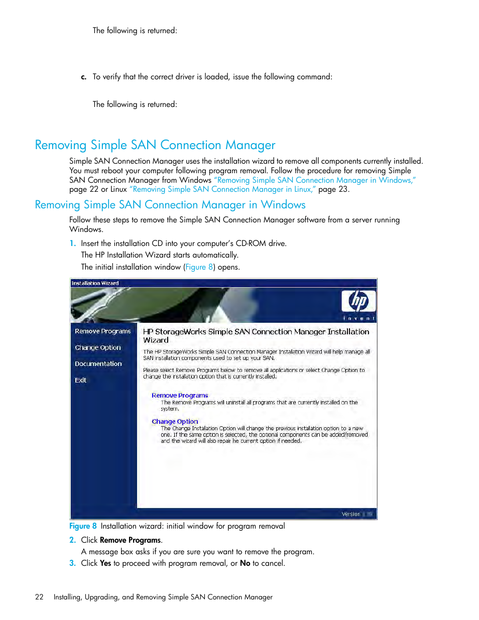 Removing simple san connection manager, Removing simple san connection manager in windows | HP 8.20q Fibre Channel Switch User Manual | Page 22 / 150