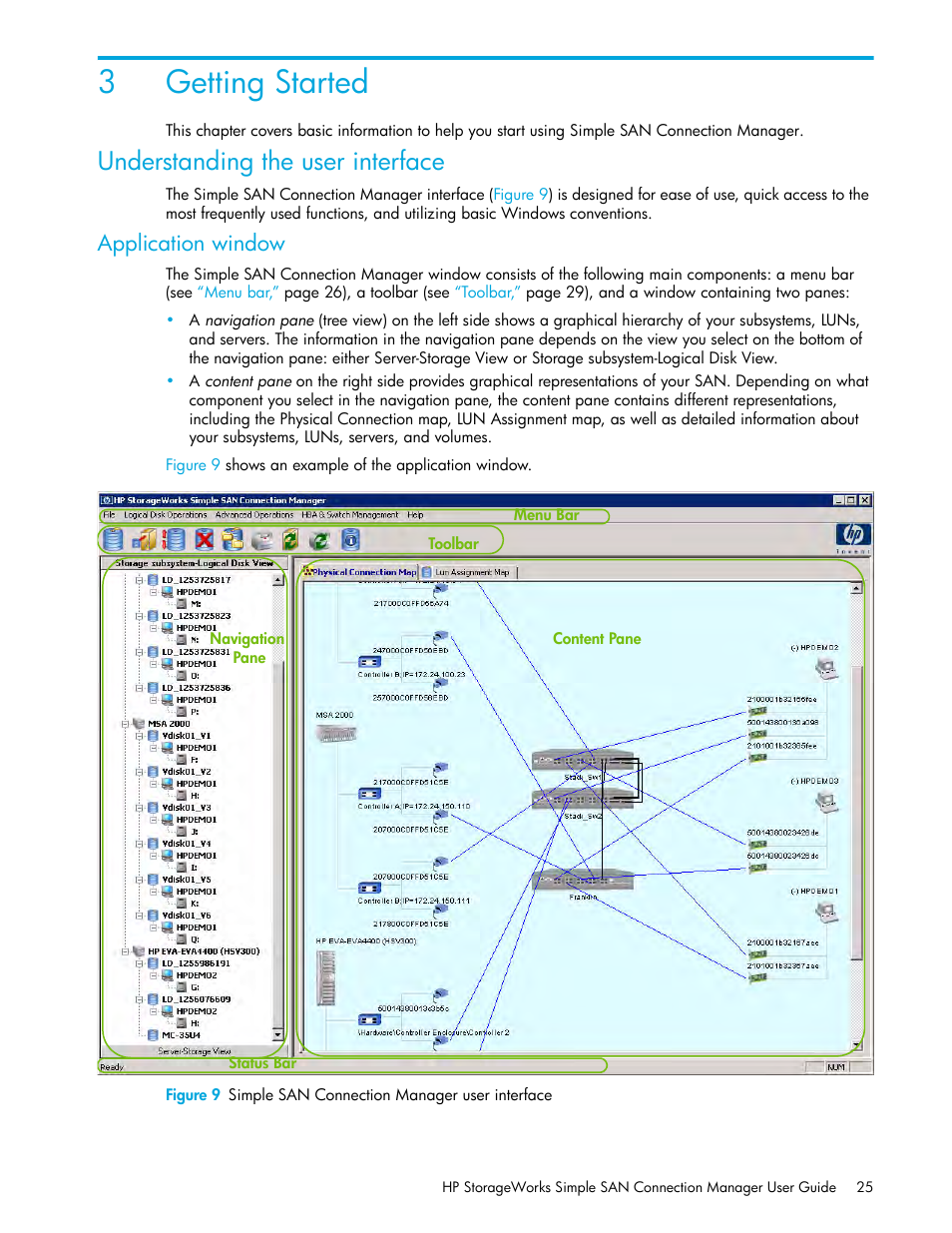 Getting started, Understanding the user interface, Application window | 3 getting started, 9 simple san connection manager user interface, 3getting started | HP 8.20q Fibre Channel Switch User Manual | Page 25 / 150