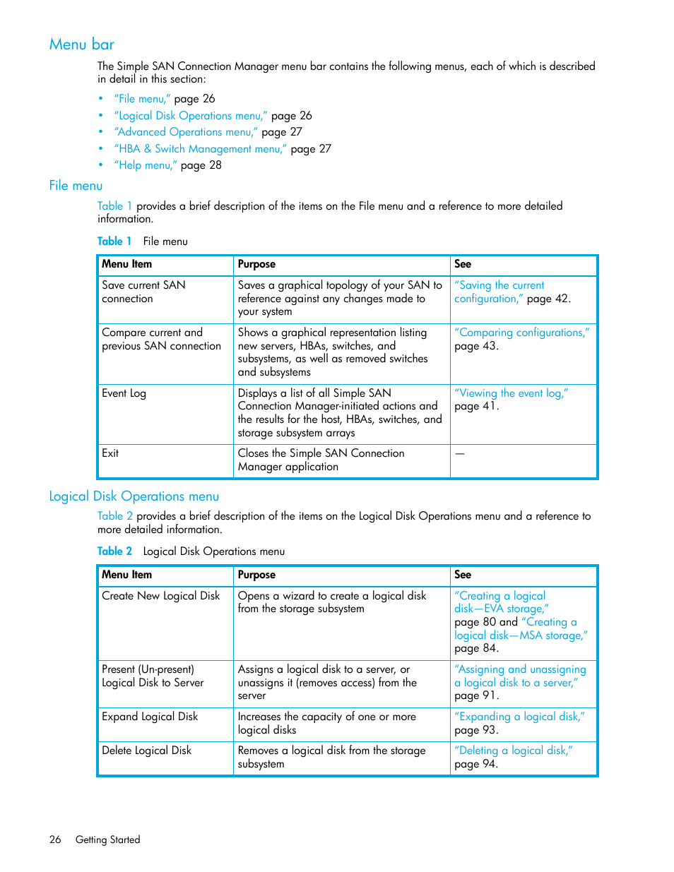 Menu bar, File menu, Logical disk operations menu | 1 file menu, 2 logical disk operations menu | HP 8.20q Fibre Channel Switch User Manual | Page 26 / 150