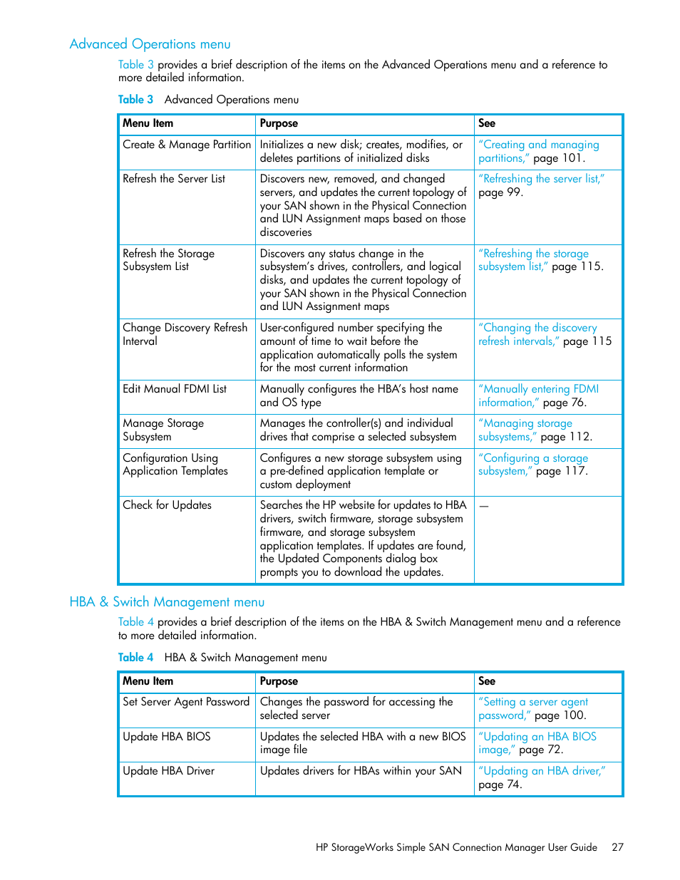 Advanced operations menu, Hba & switch management menu, 3 advanced operations menu | 4 hba & switch management menu | HP 8.20q Fibre Channel Switch User Manual | Page 27 / 150