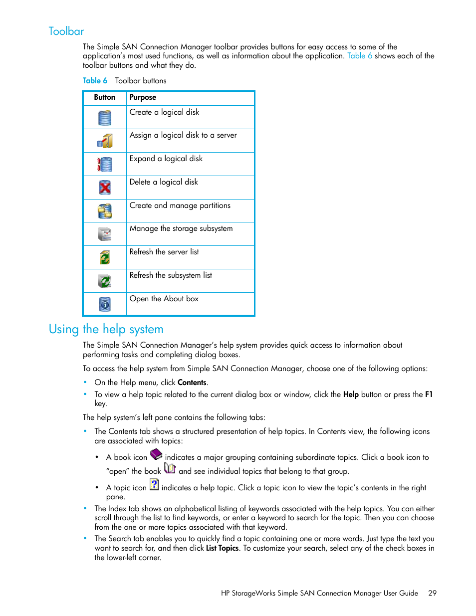 Toolbar, Using the help system, 6 toolbar buttons | HP 8.20q Fibre Channel Switch User Manual | Page 29 / 150