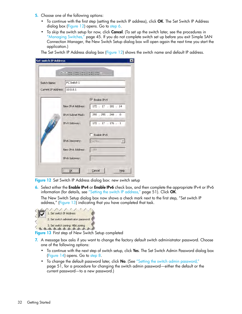 13 first step of new switch setup completed | HP 8.20q Fibre Channel Switch User Manual | Page 32 / 150