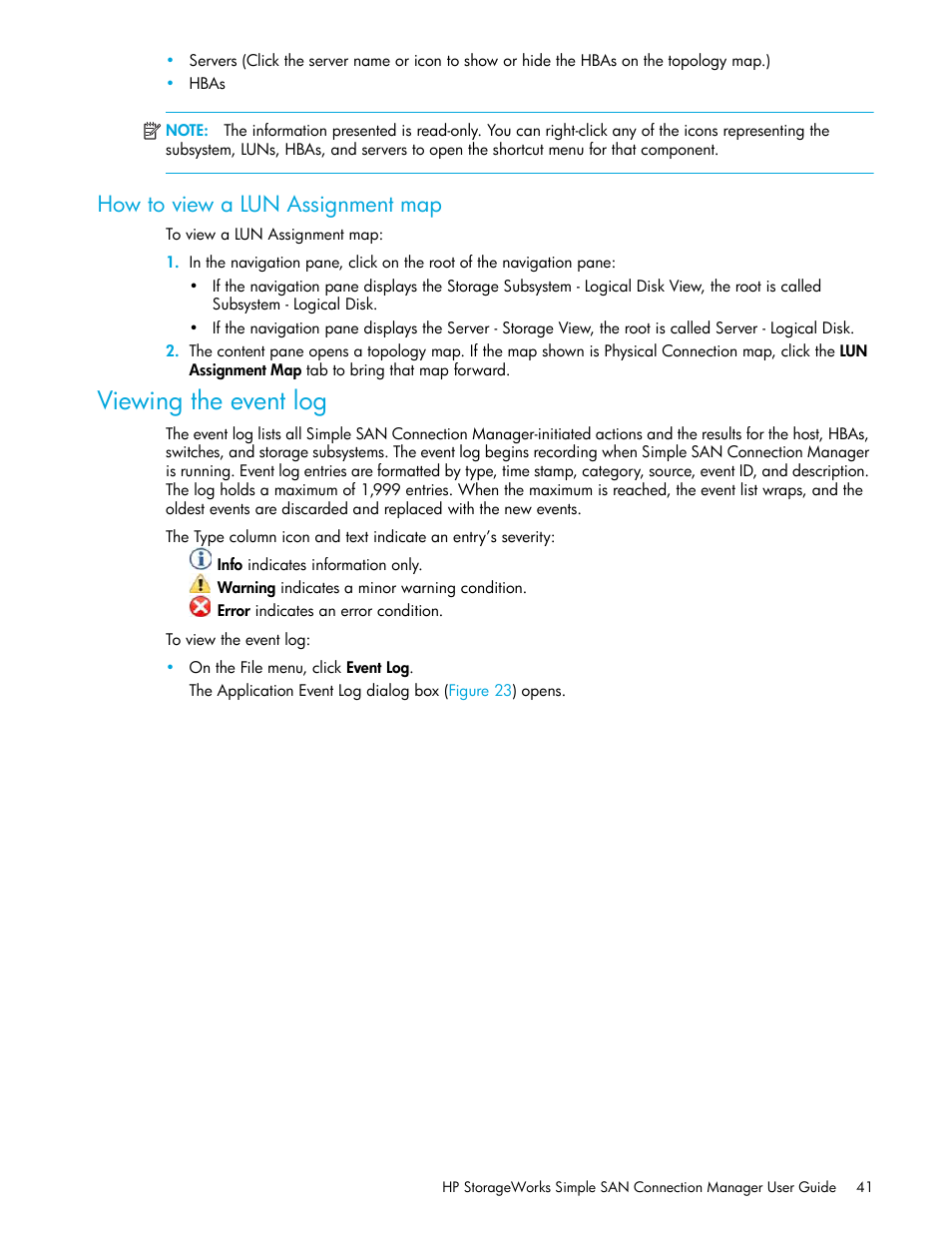 How to view a lun assignment map, Viewing the event log | HP 8.20q Fibre Channel Switch User Manual | Page 41 / 150