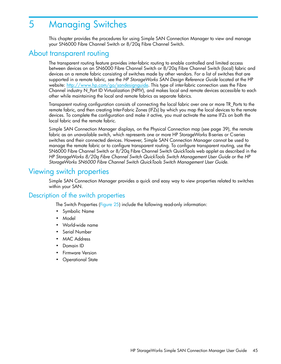 Managing switches, About transparent routing, Viewing switch properties | Description of the switch properties, 5 managing switches, 5managing switches | HP 8.20q Fibre Channel Switch User Manual | Page 45 / 150