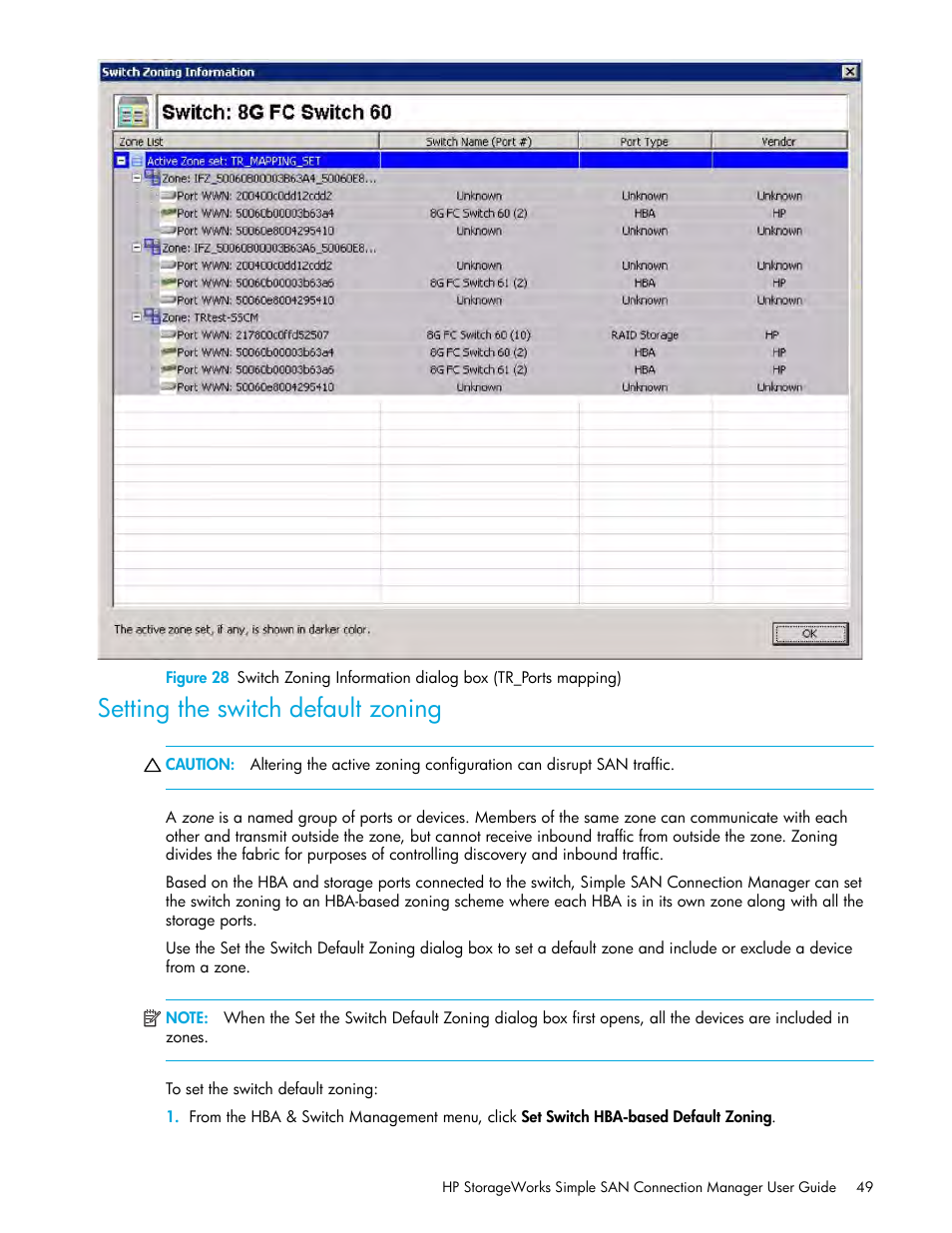 Setting the switch default zoning, Setting the switch default, Zoning | Figure 28 | HP 8.20q Fibre Channel Switch User Manual | Page 49 / 150