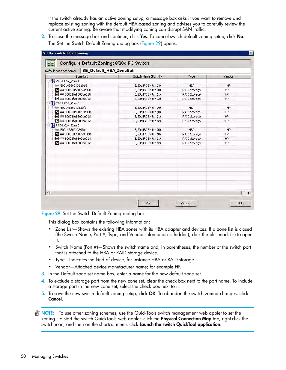 29 set the switch default zoning dialog box | HP 8.20q Fibre Channel Switch User Manual | Page 50 / 150