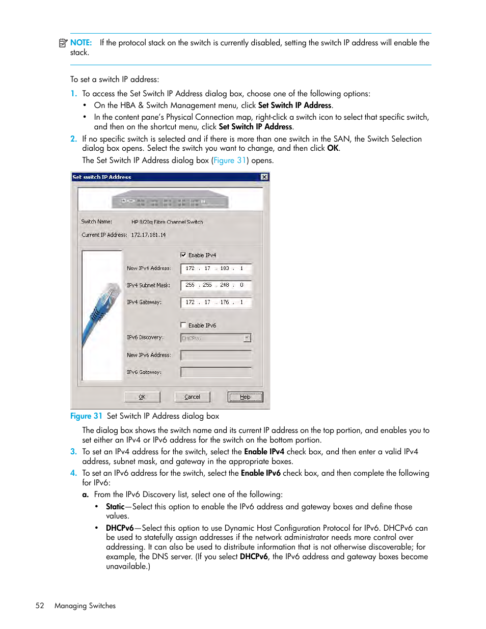 31 set switch ip address dialog box | HP 8.20q Fibre Channel Switch User Manual | Page 52 / 150