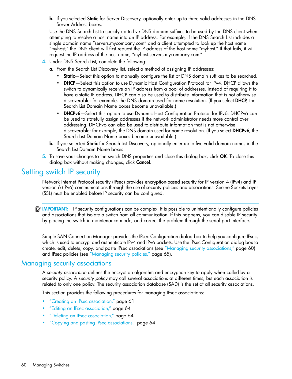Setting switch ip security, Managing security associations | HP 8.20q Fibre Channel Switch User Manual | Page 60 / 150