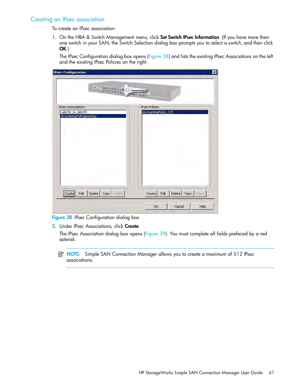 Creating an ipsec association, 38 ipsec configuration dialog box | HP 8.20q Fibre Channel Switch User Manual | Page 61 / 150