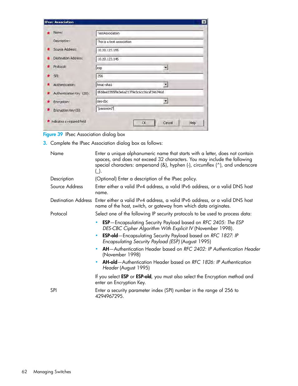 39 ipsec association dialog box, Figure 39 | HP 8.20q Fibre Channel Switch User Manual | Page 62 / 150