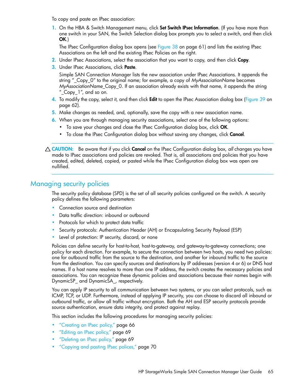 Managing security policies | HP 8.20q Fibre Channel Switch User Manual | Page 65 / 150