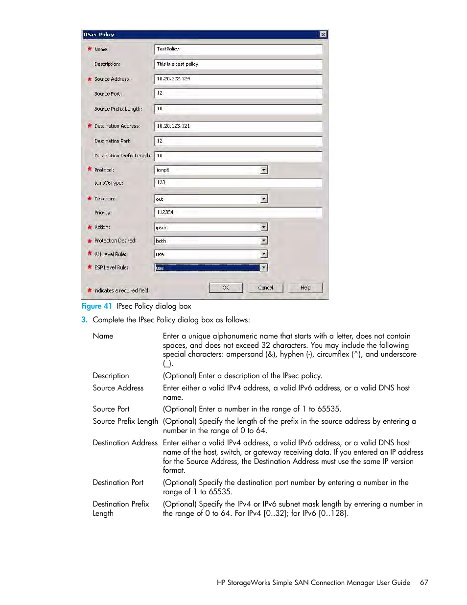 41 ipsec policy dialog box, Figure 41 | HP 8.20q Fibre Channel Switch User Manual | Page 67 / 150
