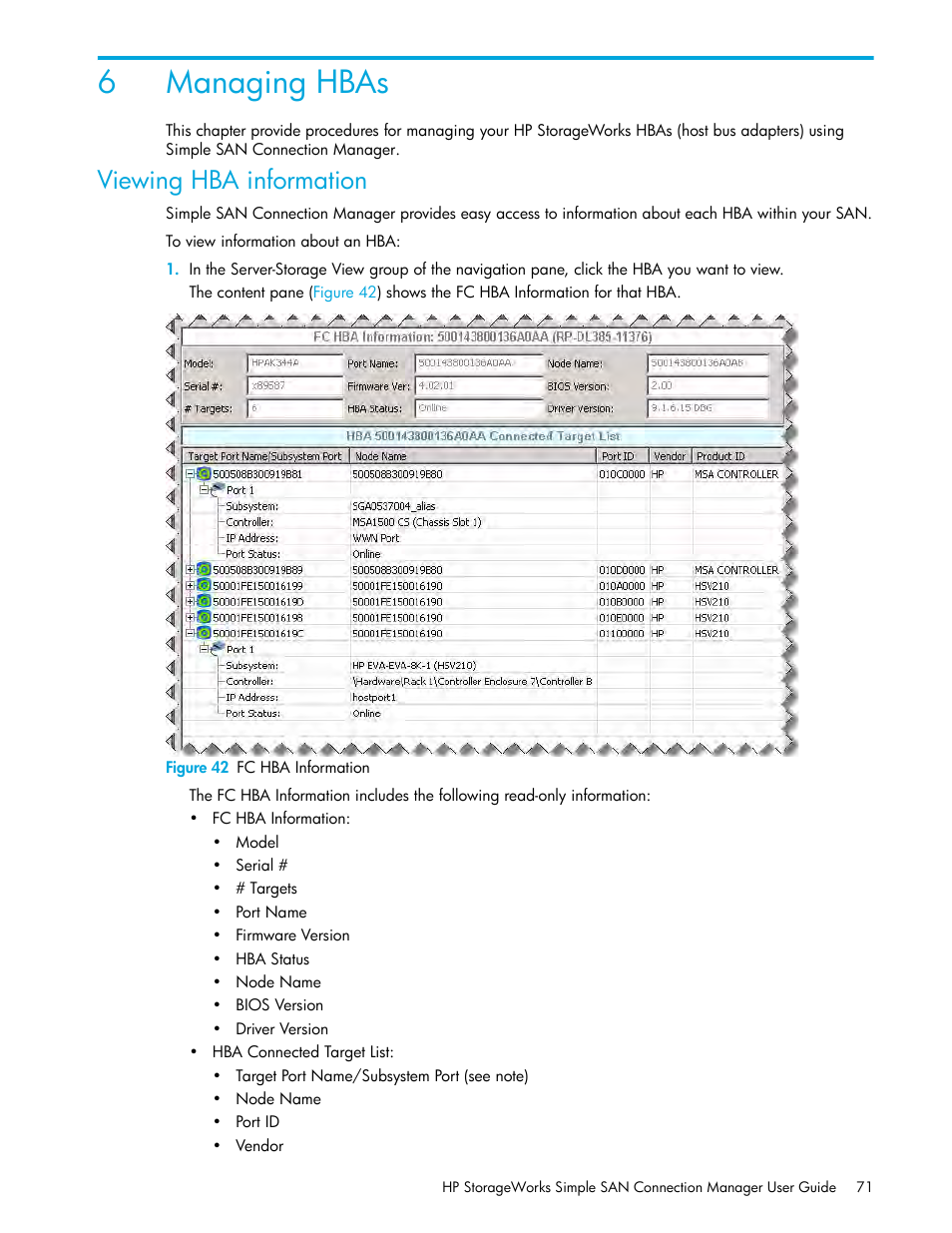 Managing hbas, Viewing hba information, 6 managing hbas | 42 fc hba information, 6managing hbas | HP 8.20q Fibre Channel Switch User Manual | Page 71 / 150