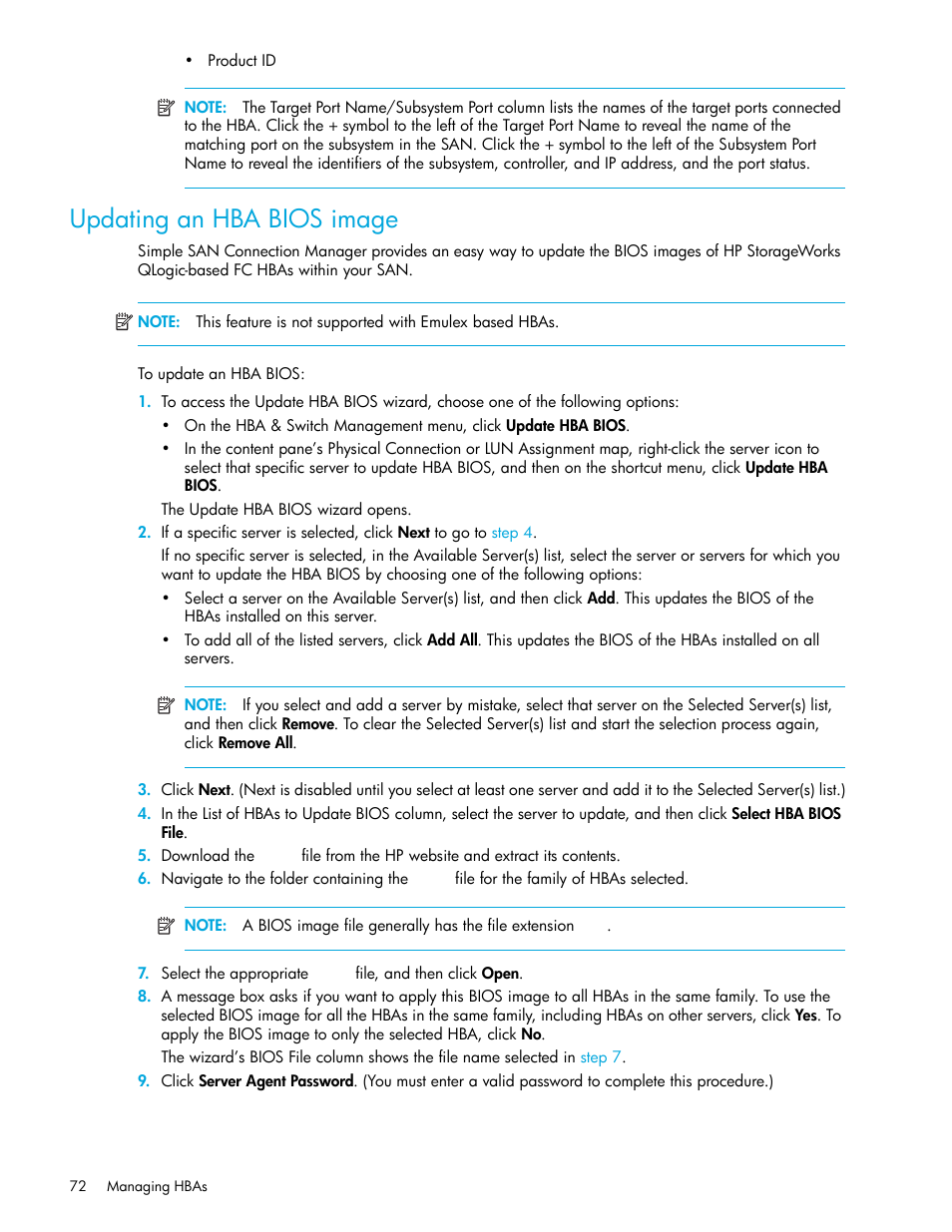 Updating an hba bios image, Updating an hba bios, Image | HP 8.20q Fibre Channel Switch User Manual | Page 72 / 150