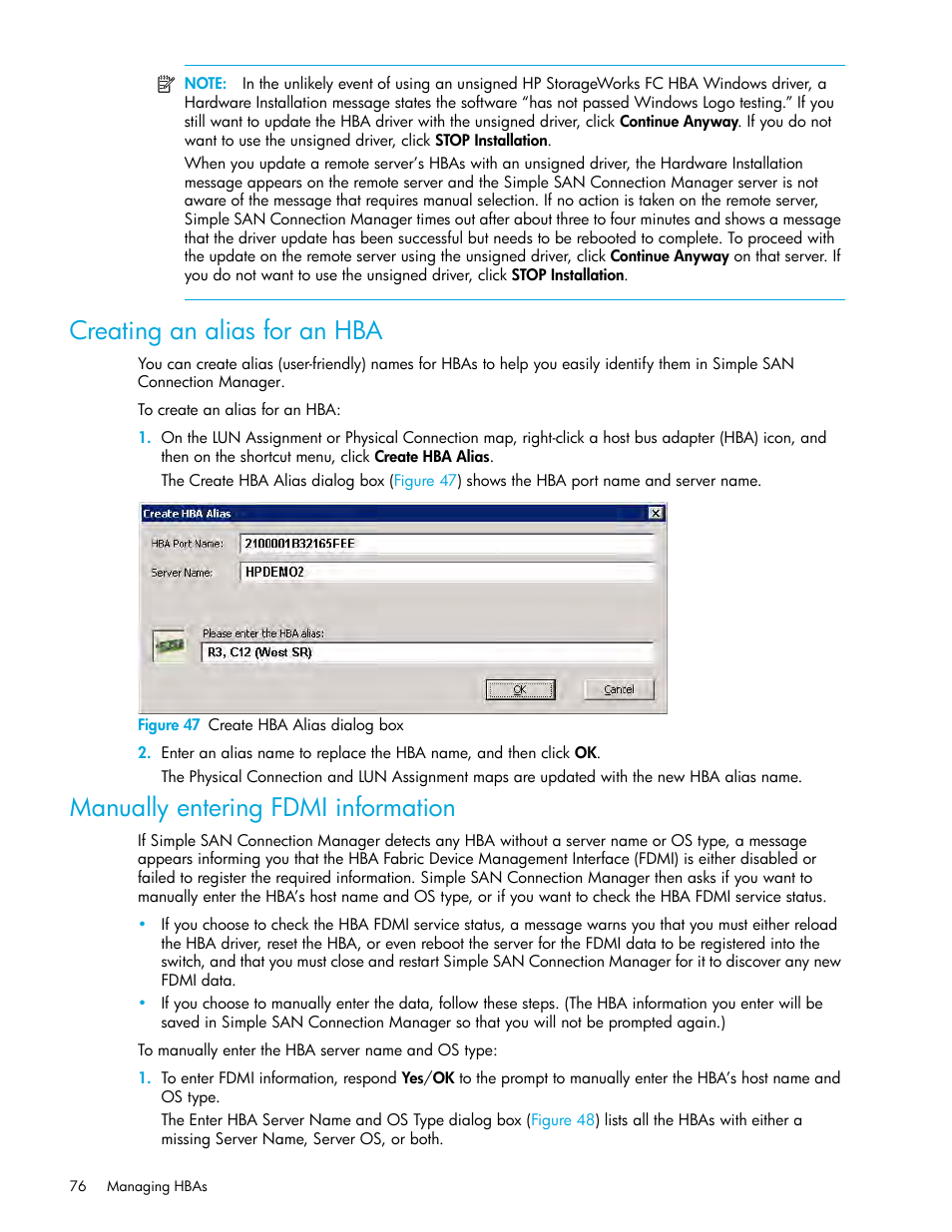 Creating an alias for an hba, Manually entering fdmi information, 47 create hba alias dialog box | Manually entering fdmi, Information | HP 8.20q Fibre Channel Switch User Manual | Page 76 / 150