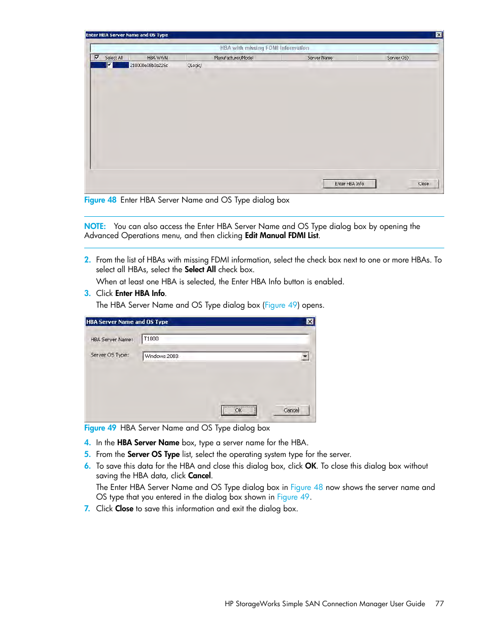 48 enter hba server name and os type dialog box, 49 hba server name and os type dialog box, Figure 48 | HP 8.20q Fibre Channel Switch User Manual | Page 77 / 150