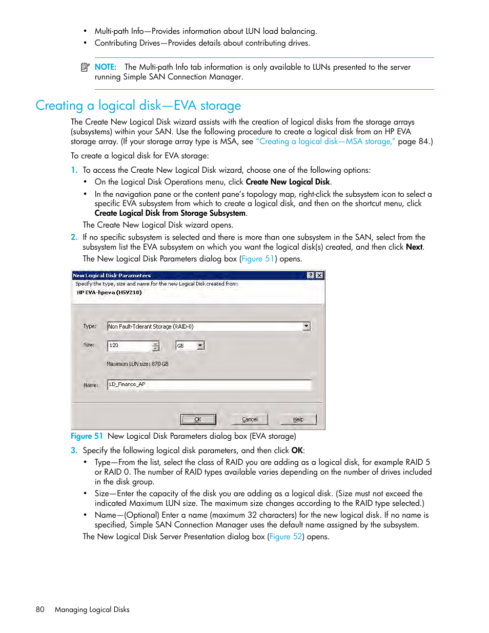 Creating a logical disk—eva storage, Creating a logical, Disk—eva storage | HP 8.20q Fibre Channel Switch User Manual | Page 80 / 150