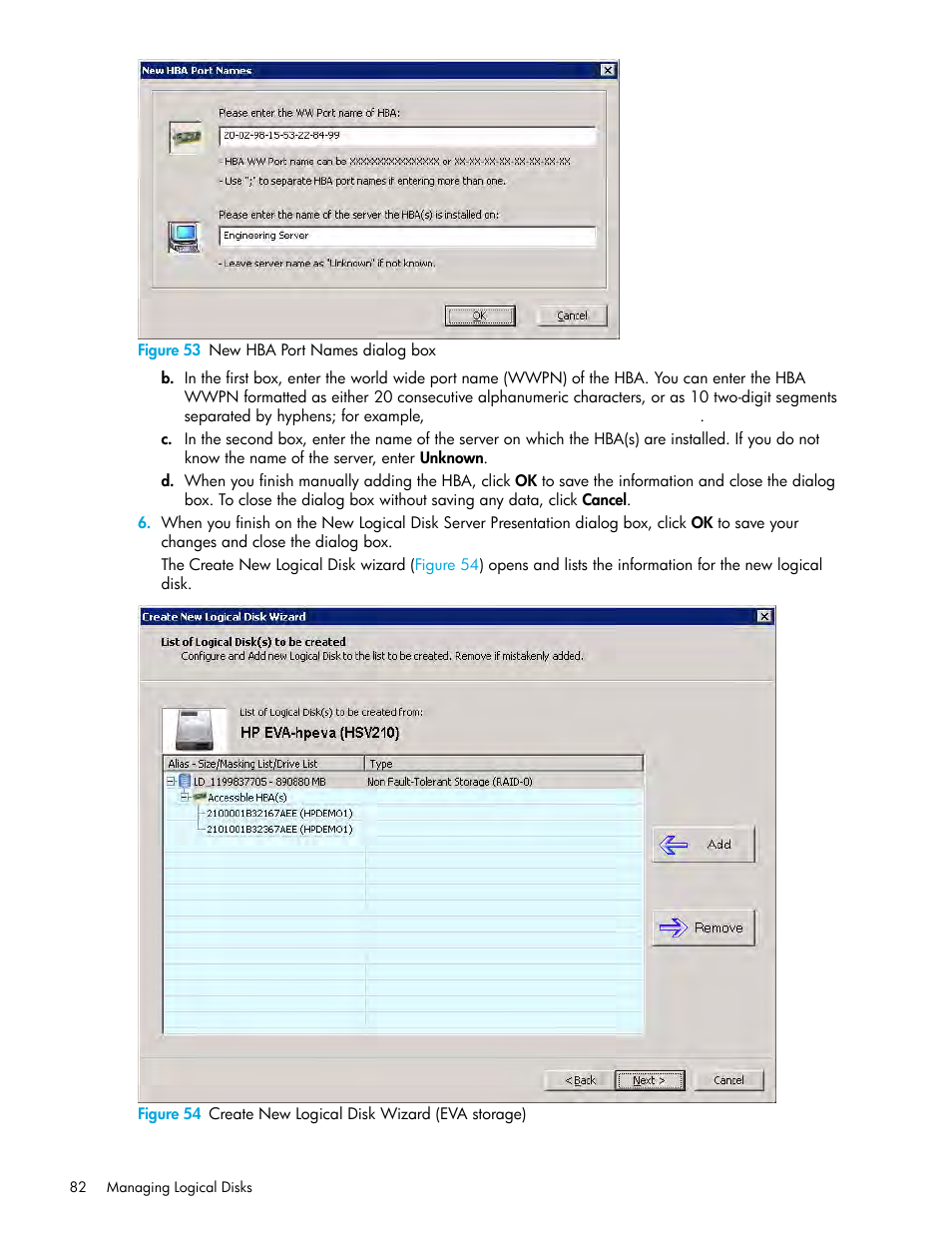 53 new hba port names dialog box, 54 create new logical disk wizard (eva storage) | HP 8.20q Fibre Channel Switch User Manual | Page 82 / 150