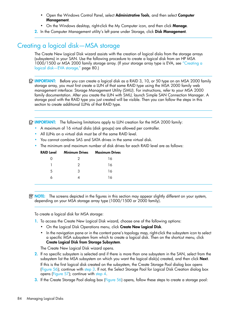 Creating a logical disk—msa storage, Creating a, Logical disk—msa storage | HP 8.20q Fibre Channel Switch User Manual | Page 84 / 150