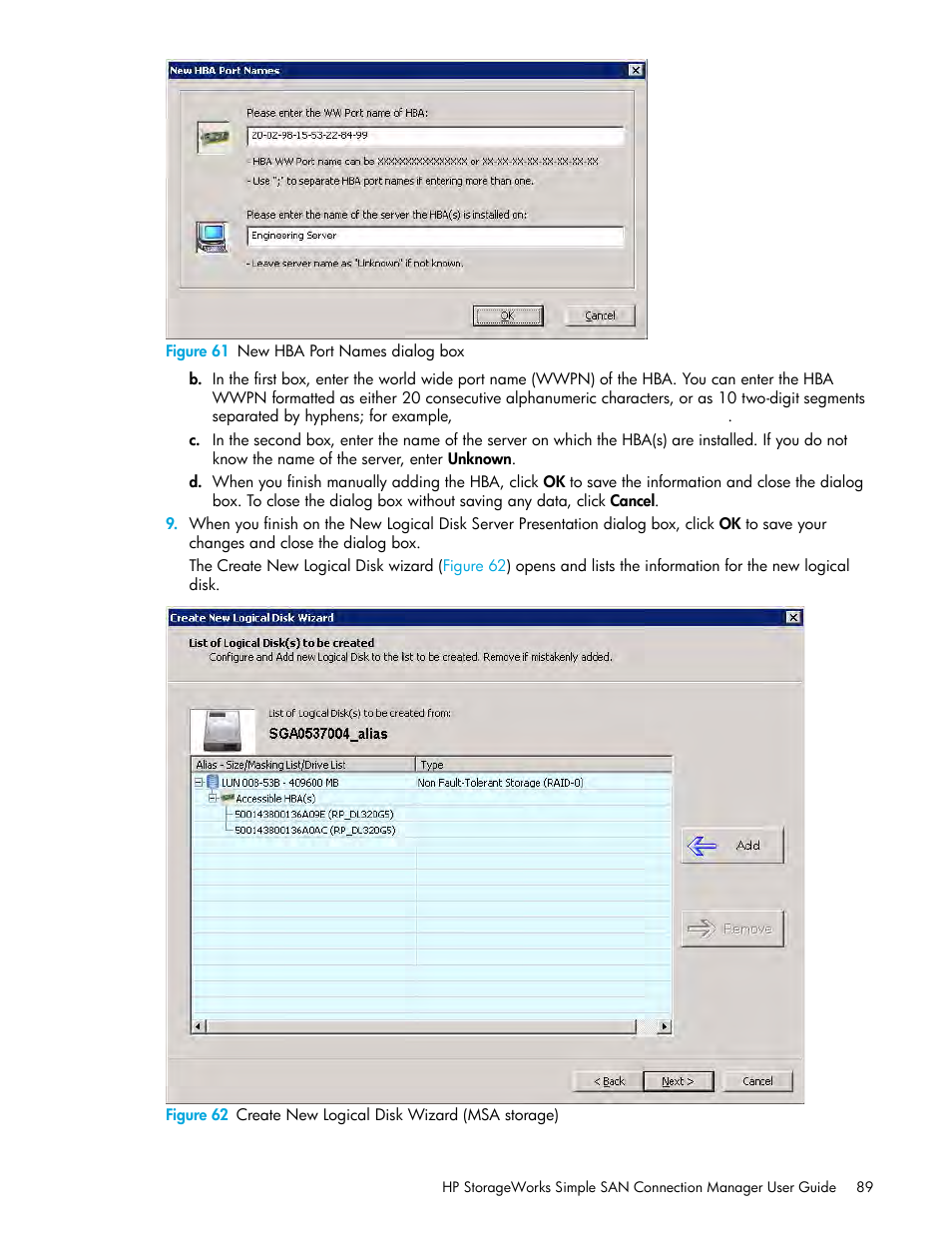 61 new hba port names dialog box, 62 create new logical disk wizard (msa storage) | HP 8.20q Fibre Channel Switch User Manual | Page 89 / 150