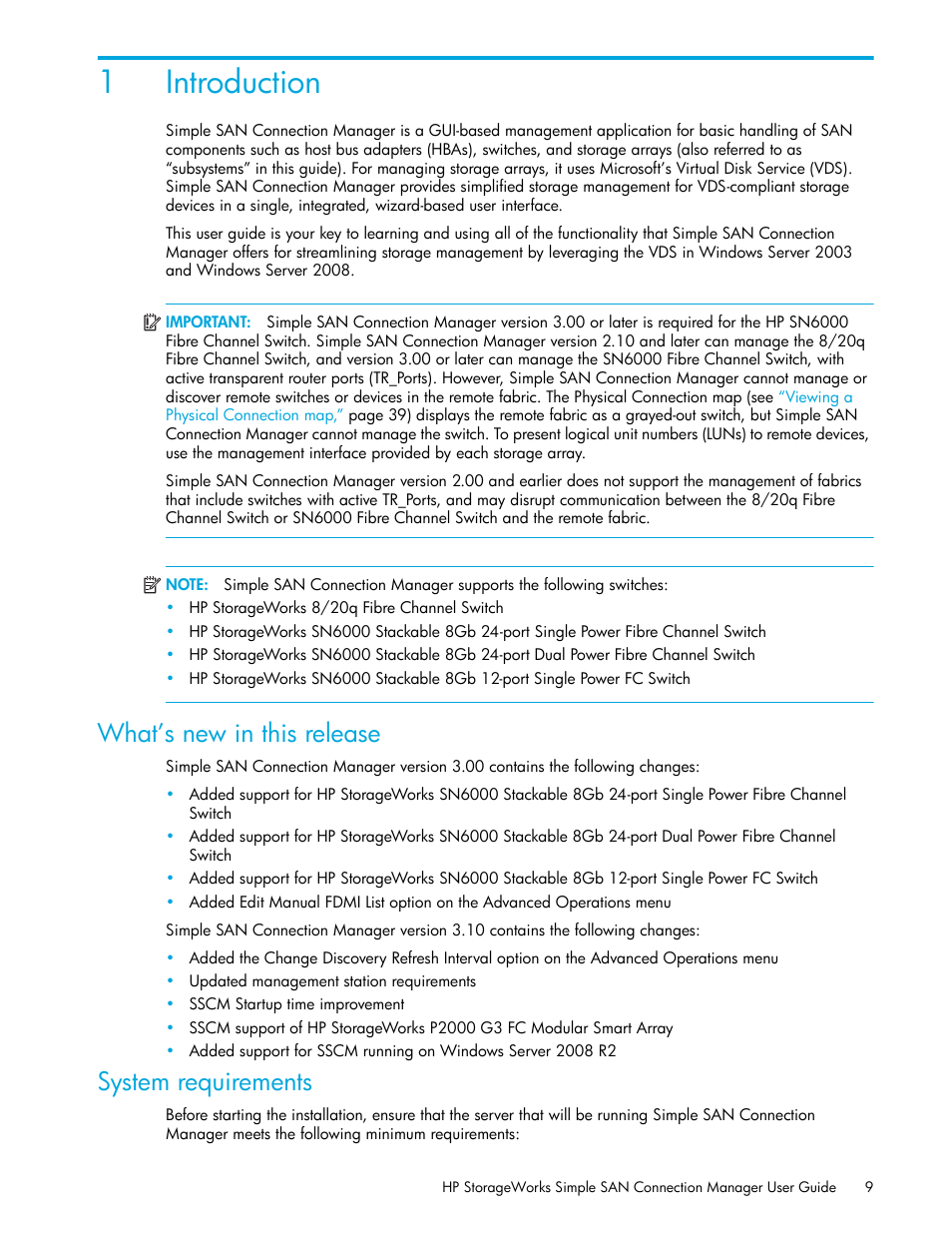 Introduction, What’s new in this release, System requirements | 1 introduction, 1introduction | HP 8.20q Fibre Channel Switch User Manual | Page 9 / 150