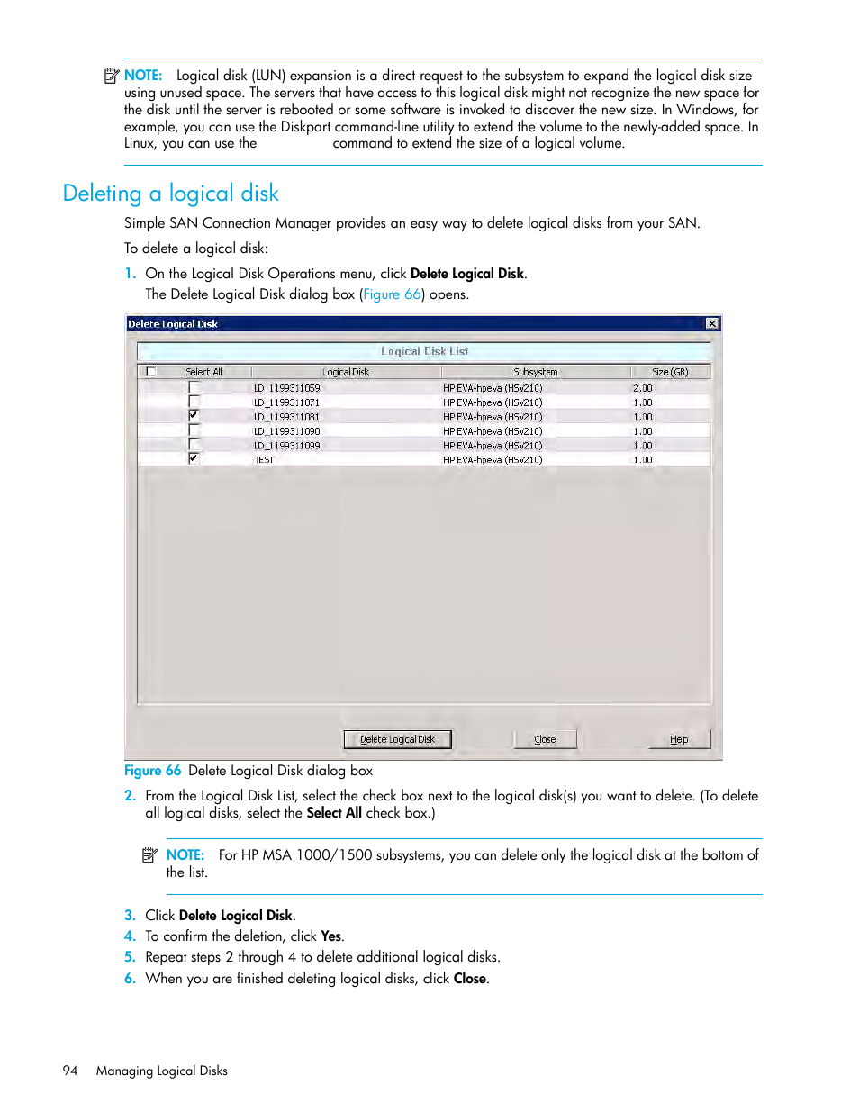 Deleting a logical disk, 66 delete logical disk dialog box, Deleting a logical | Disk | HP 8.20q Fibre Channel Switch User Manual | Page 94 / 150
