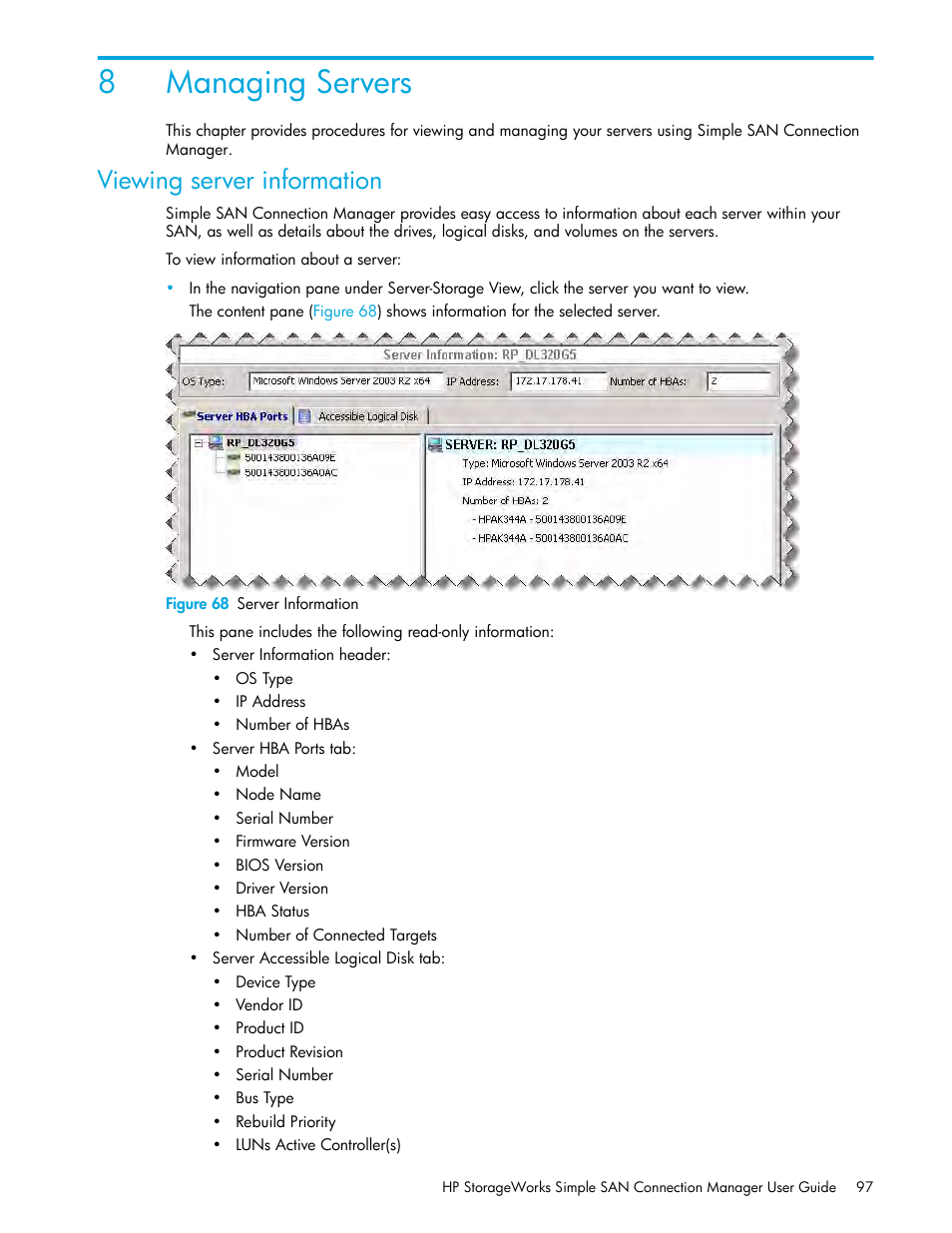 Managing servers, Viewing server information, 8 managing servers | 68 server information, 8managing servers | HP 8.20q Fibre Channel Switch User Manual | Page 97 / 150