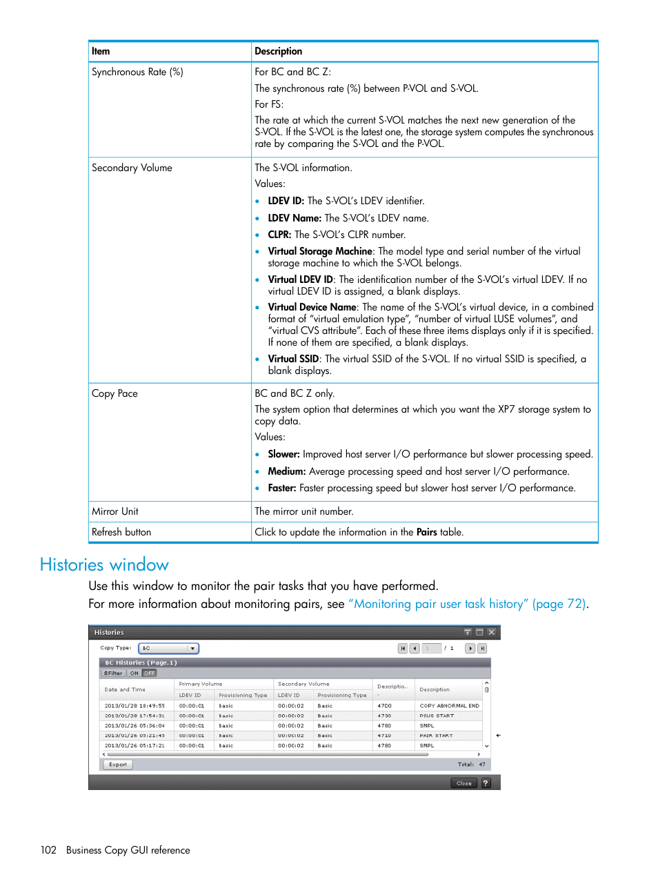 Histories window | HP XP Racks User Manual | Page 102 / 131