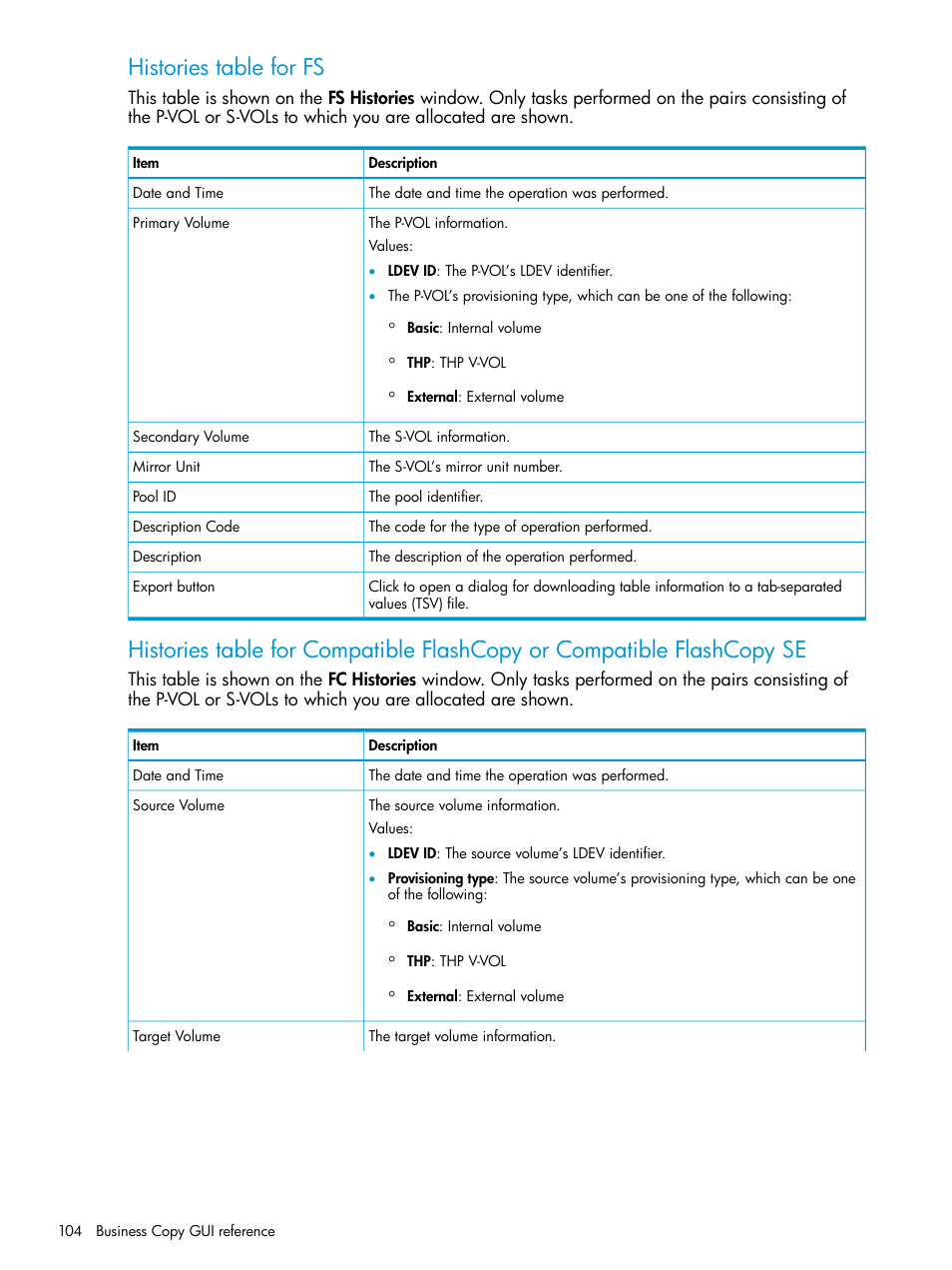 Histories table for fs | HP XP Racks User Manual | Page 104 / 131