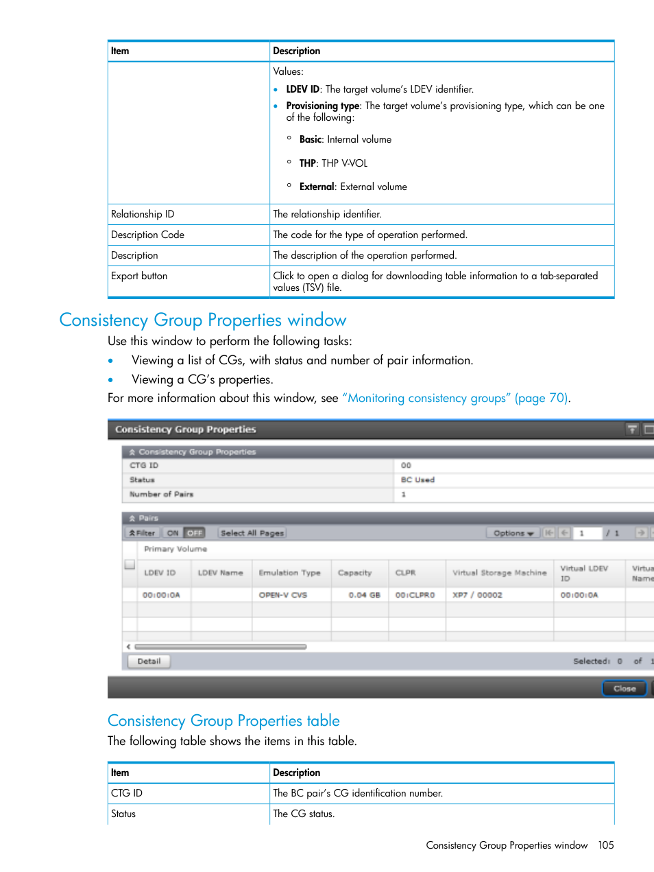 Consistency group properties window, Consistency group properties table | HP XP Racks User Manual | Page 105 / 131