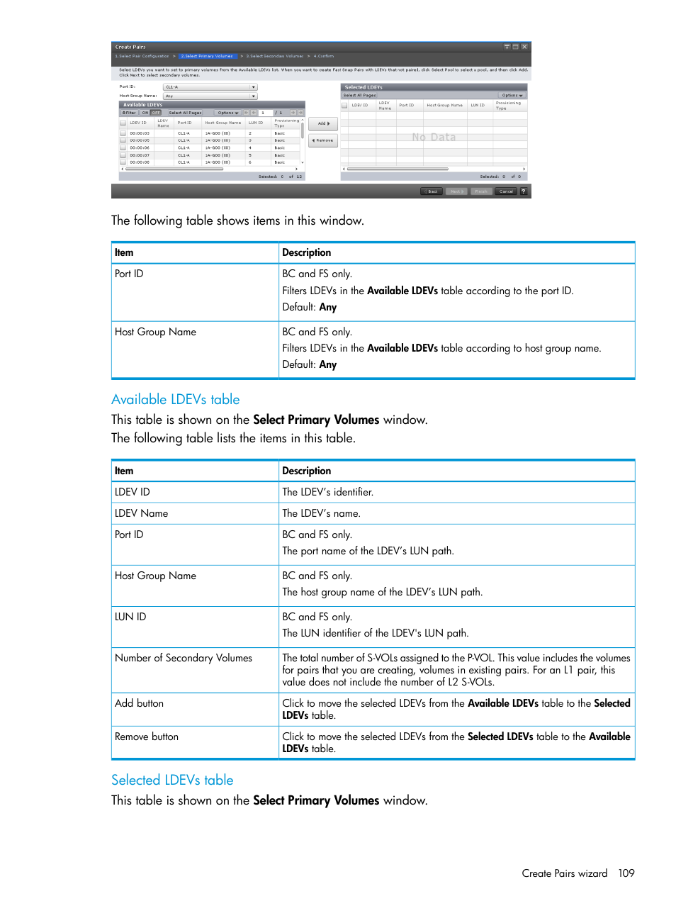 Available ldevs table, Selected ldevs table | HP XP Racks User Manual | Page 109 / 131