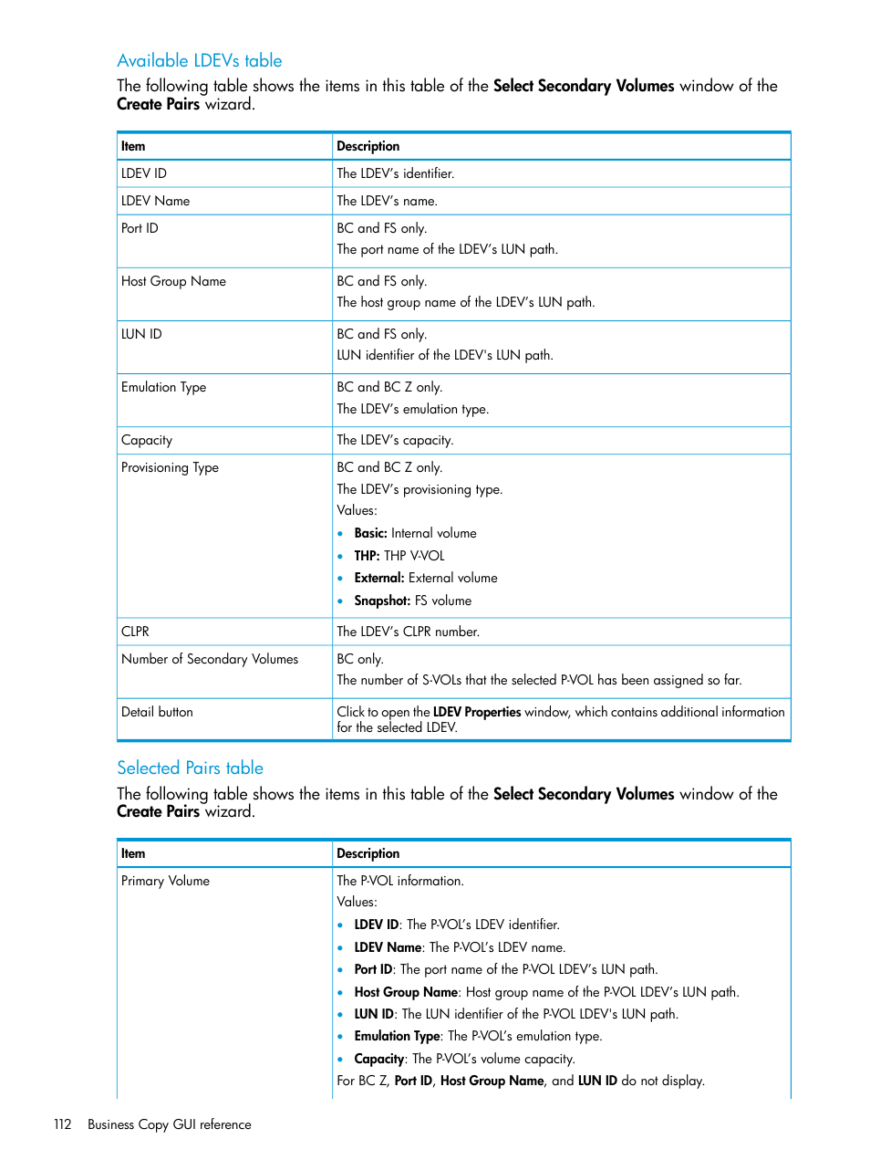 Available ldevs table, Selected pairs table | HP XP Racks User Manual | Page 112 / 131