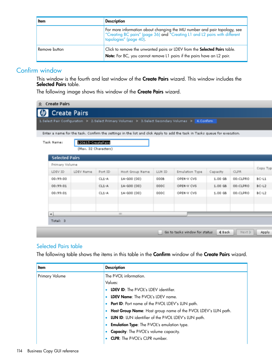 Confirm window, Selected pairs table | HP XP Racks User Manual | Page 114 / 131