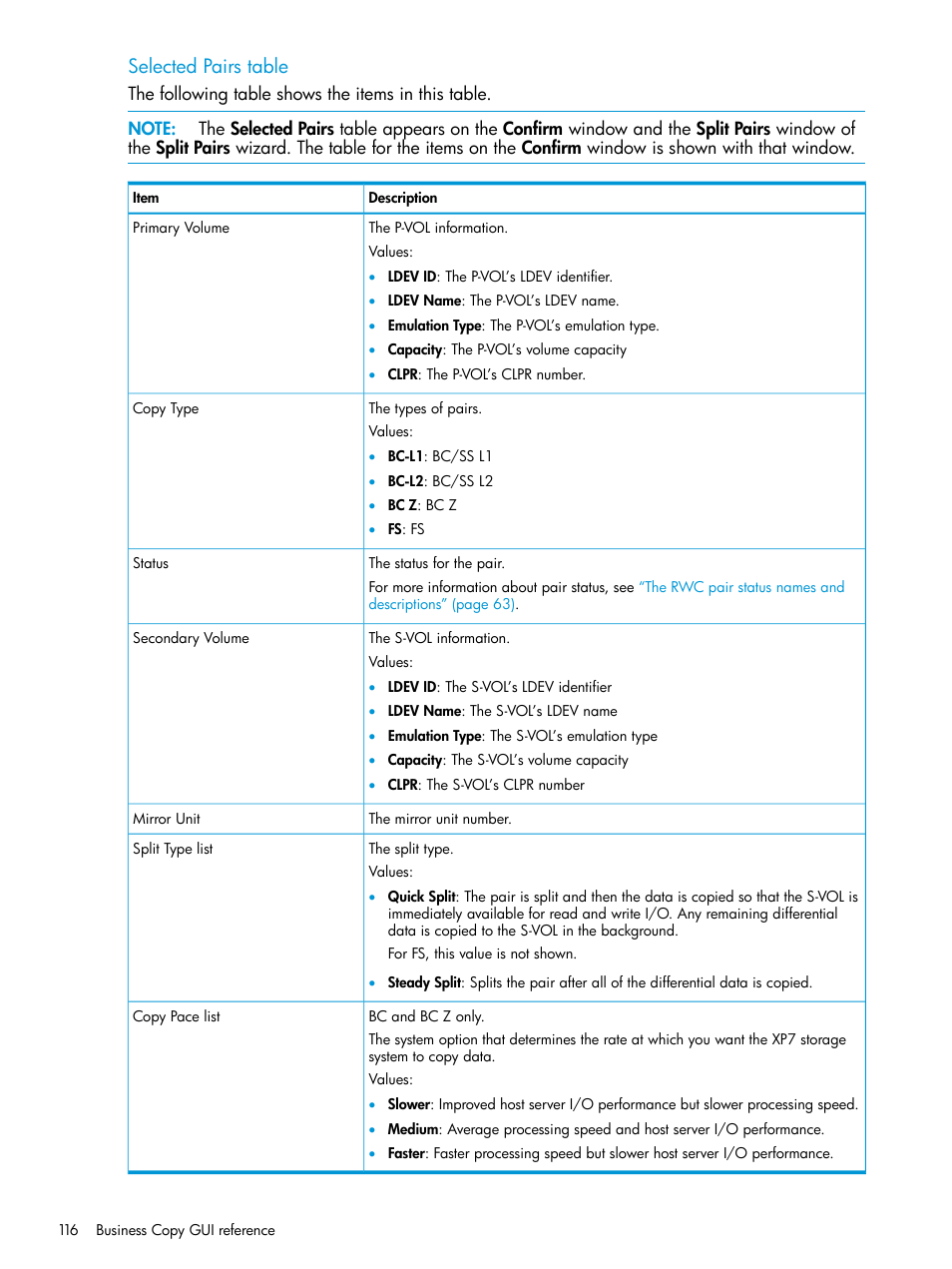 Selected pairs table | HP XP Racks User Manual | Page 116 / 131