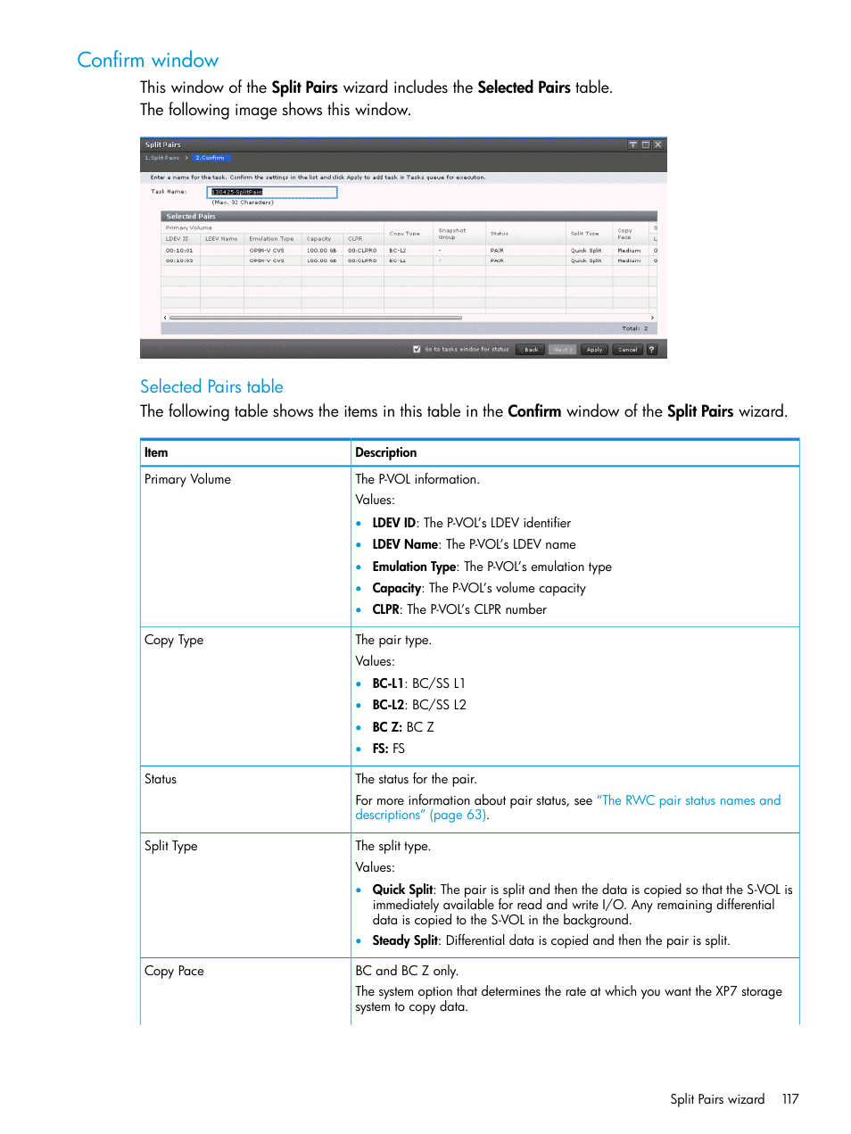 Confirm window, Selected pairs table | HP XP Racks User Manual | Page 117 / 131