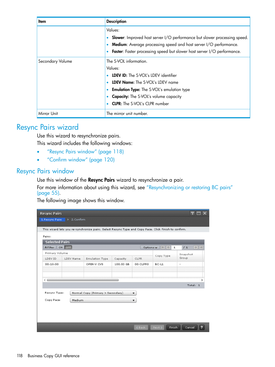 Resync pairs wizard, Resync pairs window | HP XP Racks User Manual | Page 118 / 131