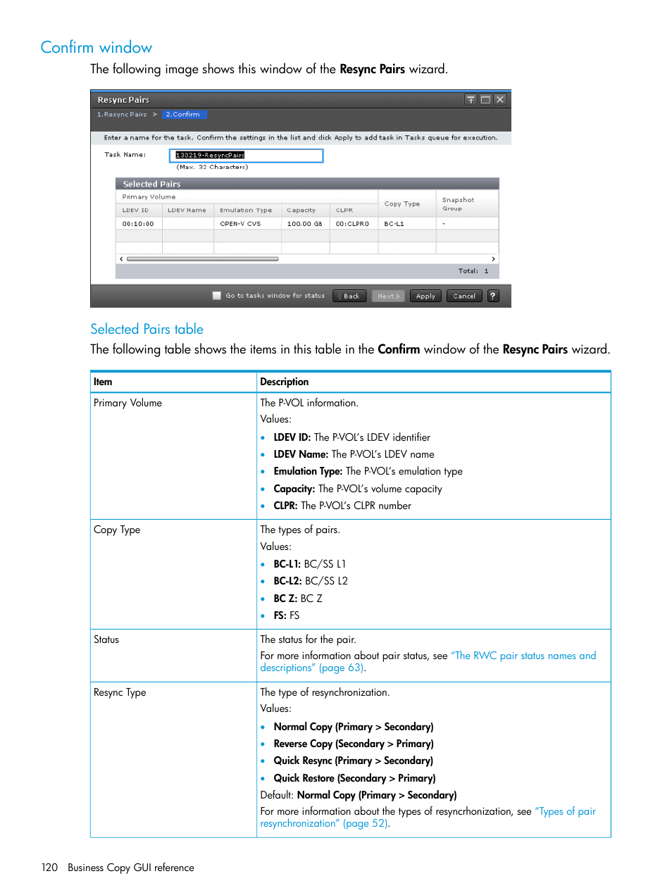 Confirm window, Selected pairs table | HP XP Racks User Manual | Page 120 / 131