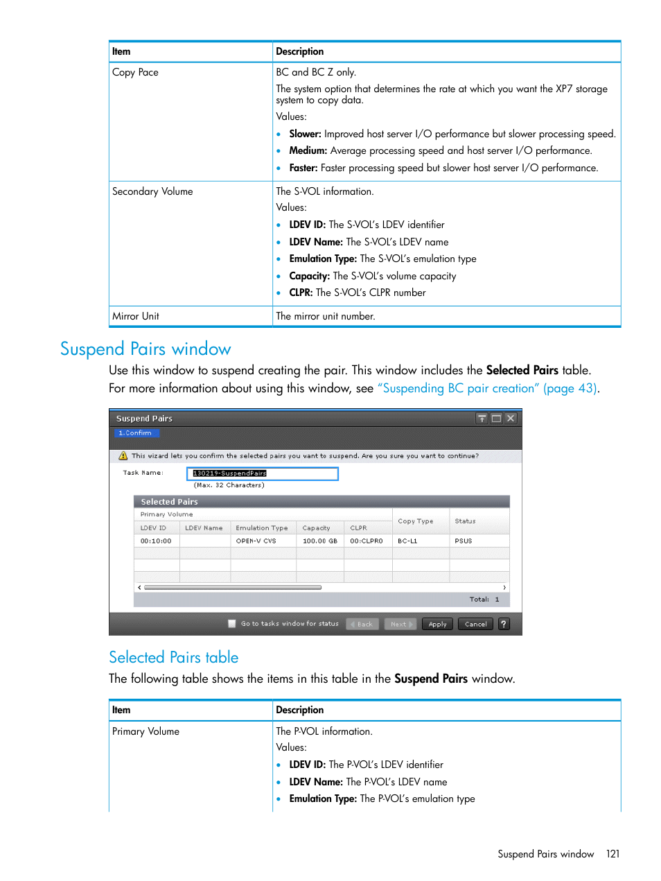 Suspend pairs window, Selected pairs table | HP XP Racks User Manual | Page 121 / 131