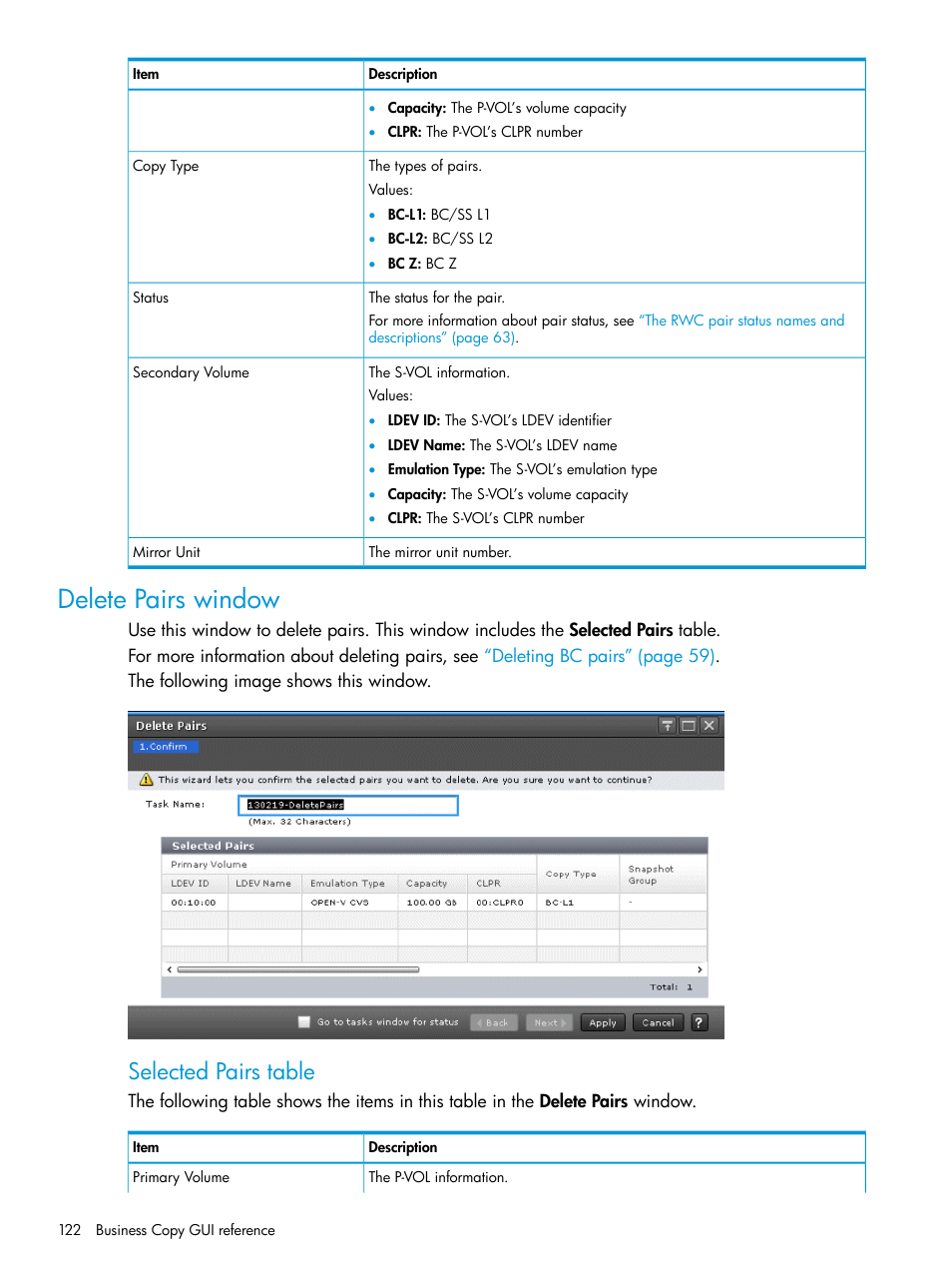 Delete pairs window, Selected pairs table | HP XP Racks User Manual | Page 122 / 131