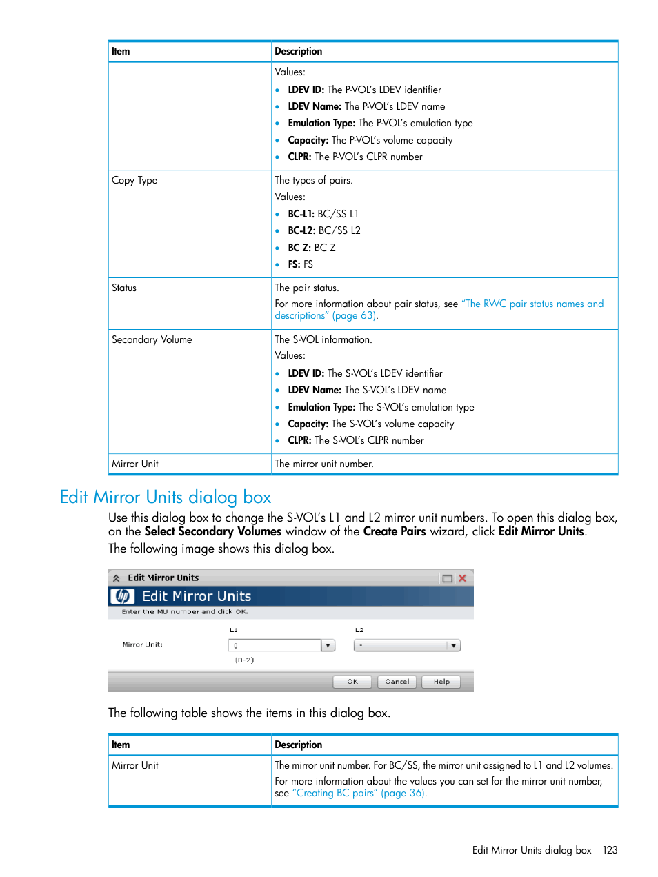 Edit mirror units dialog box | HP XP Racks User Manual | Page 123 / 131