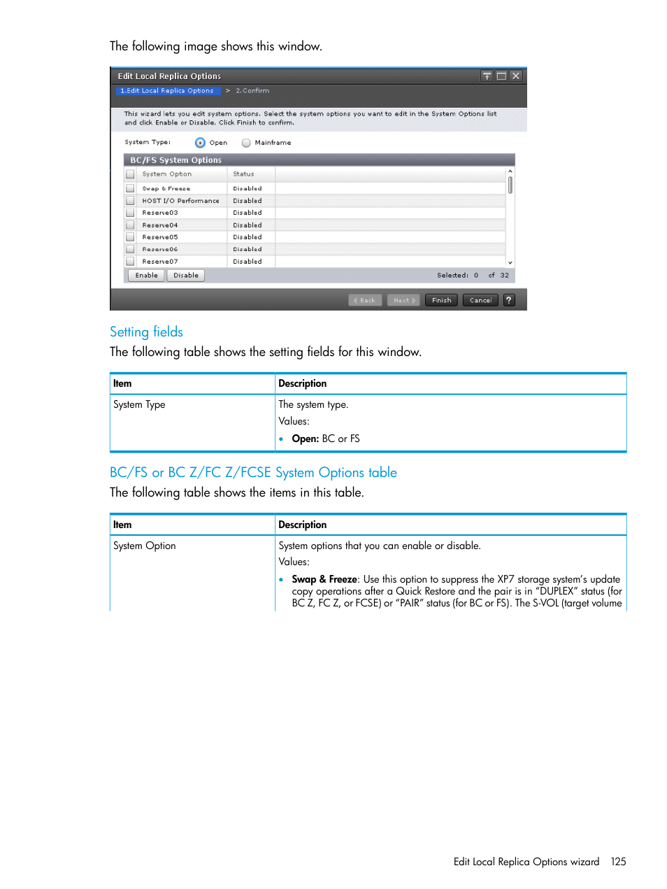 Setting fields, Bc/fs or bc z/fc z/fcse system options table | HP XP Racks User Manual | Page 125 / 131