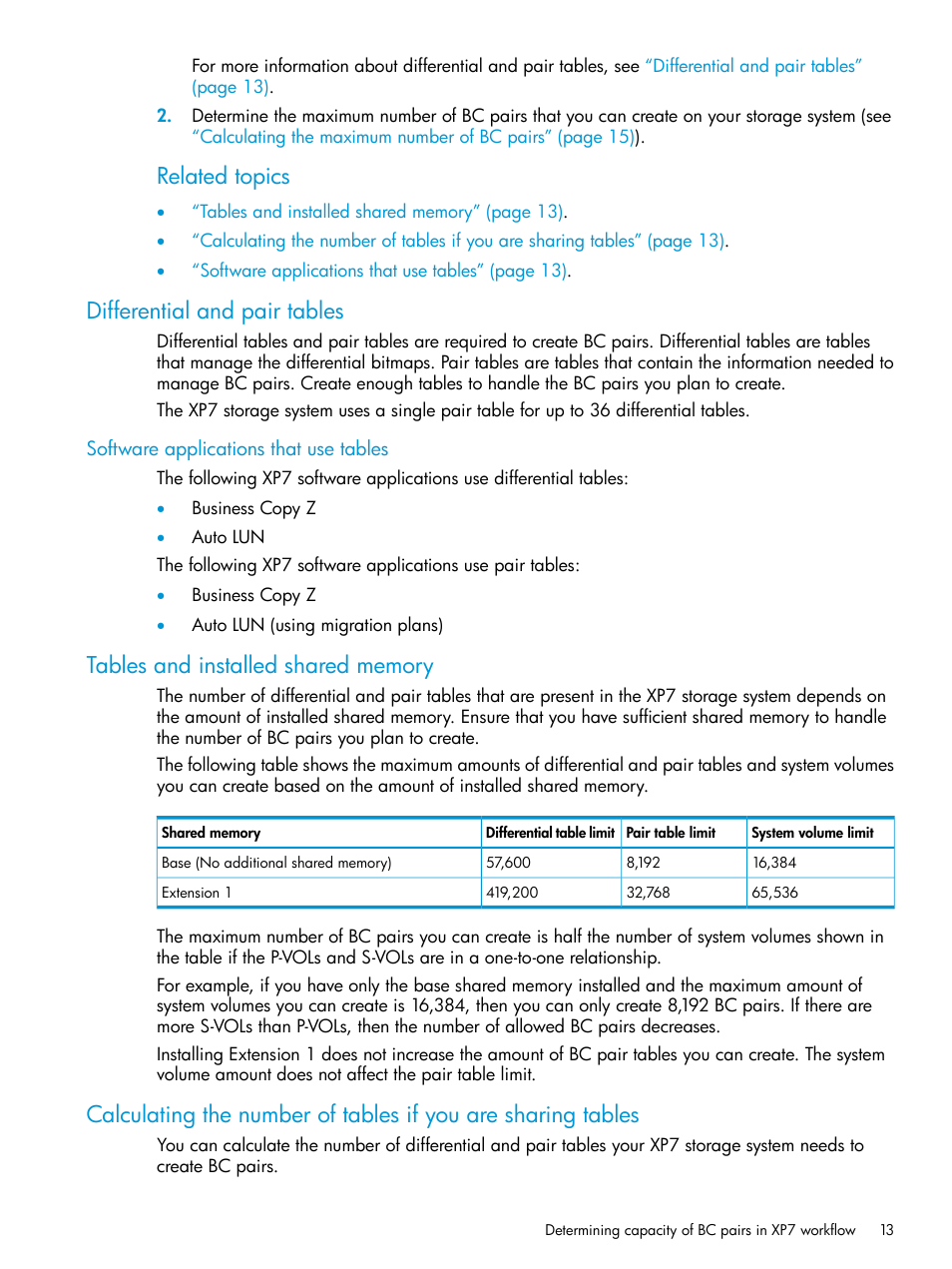 Differential and pair tables, Software applications that use tables, Tables and installed shared memory | Tables and installed shared, Related topics | HP XP Racks User Manual | Page 13 / 131