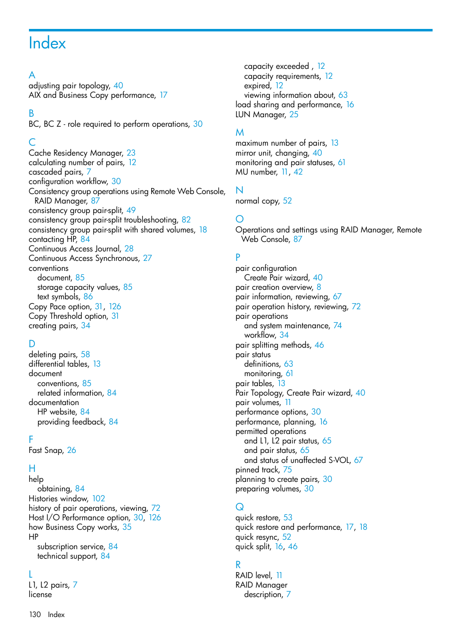 Index | HP XP Racks User Manual | Page 130 / 131