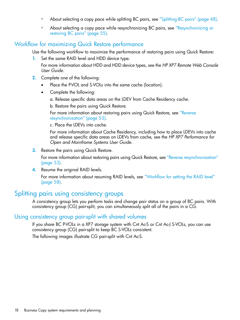 Workflow for maximizing quick restore performance, Splitting pairs using consistency groups | HP XP Racks User Manual | Page 18 / 131