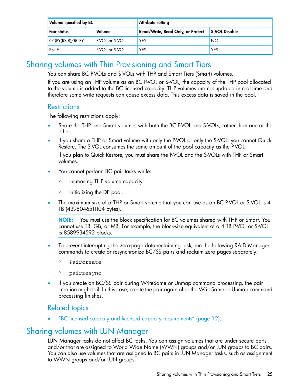 Sharing volumes with lun manager, Restrictions, Related topics | HP XP Racks User Manual | Page 25 / 131